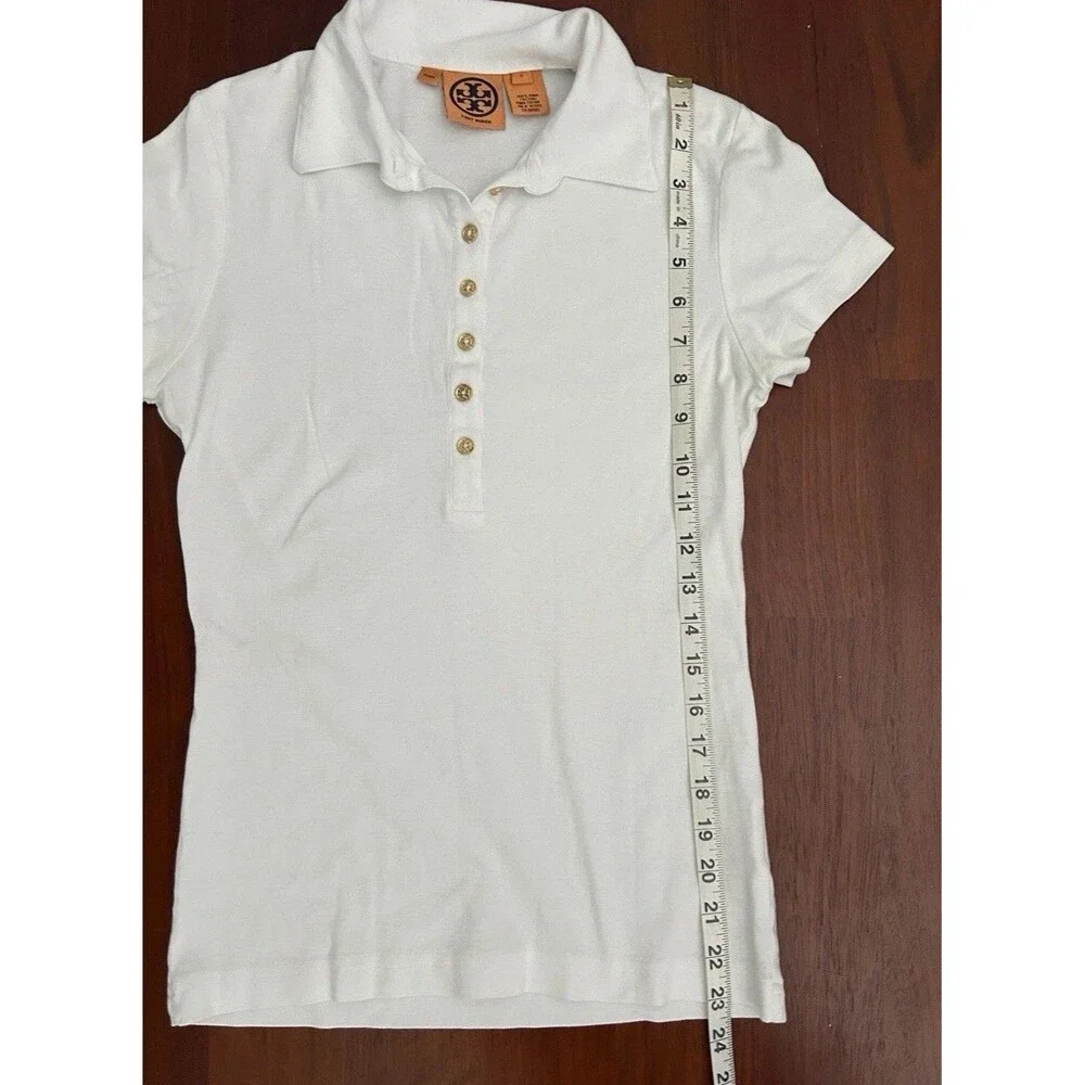 Tory Burch Small Fitted Polo Top White Short Sleeve Collar Shirt Gold Buttons